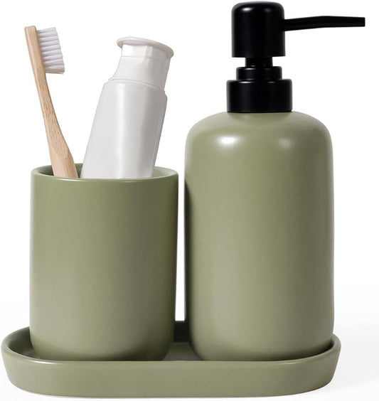 INGOFIN 3 Pcs Ceramic Bathroom Accessory Set - Liquid Soap Dispenser, Toothbrush Holder & Tray, Bathroom Counter Set, Countertop Essentials for Home, Guest Bathroom, Office, Hotel, Dark Green