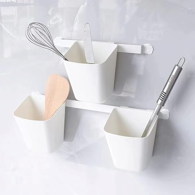 BOMKEE Hanging Cup Holder, 6 Pack Space Saving Utility Cart Rolling Cart Accessories Hanging Storage Basket Pencil Holder Makeup Organizers Storage Accessories, White