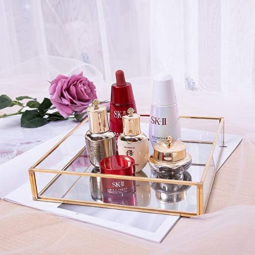 Sooyee Gold Tray Mirror,Square Mirror Tray can Hold Jewelry,Perfume,Makeup,Breakfast,Tea,Food,Magazine and More, Decorative Tray for Vanity,Dresser,Bathroom,Bedroom,Office,Garden,Coffee Table (8âx8â)