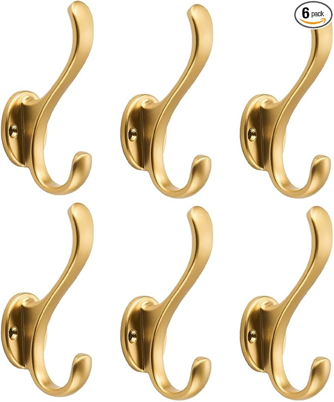 khtumeware 6 Pack Brushed Gold Coat Hooks Wall Mount Heavy Duty Utility Retro Double Hooks for Hanging Coats,Hat, Towel, Key, Robe, Scarf, Bag, Cap (Brushed Gold)