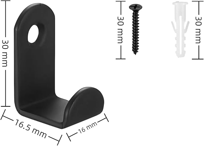 13 Pack Black L-Shaped Screw-in Wall Hooks - Heavy Duty Metal Hooks with Screws & Wall Plugs for Door, Bathroom, Closet - Space Saving Towel, Key & Coat Hooks (30x16mm)