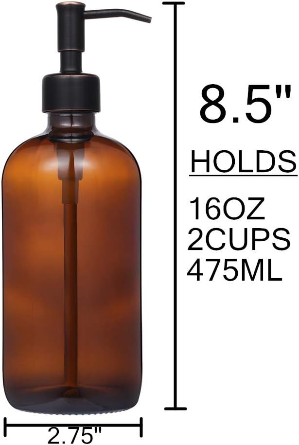 2 Pack Thick Amber Glass Pint Jar Soap Dispenser with Oil Rubbed Bronze Stainless Steel Pump, 16ounce Boston Round Bottles Dispenser with Rustproof Pump for Essential Oil, Lotion Soap