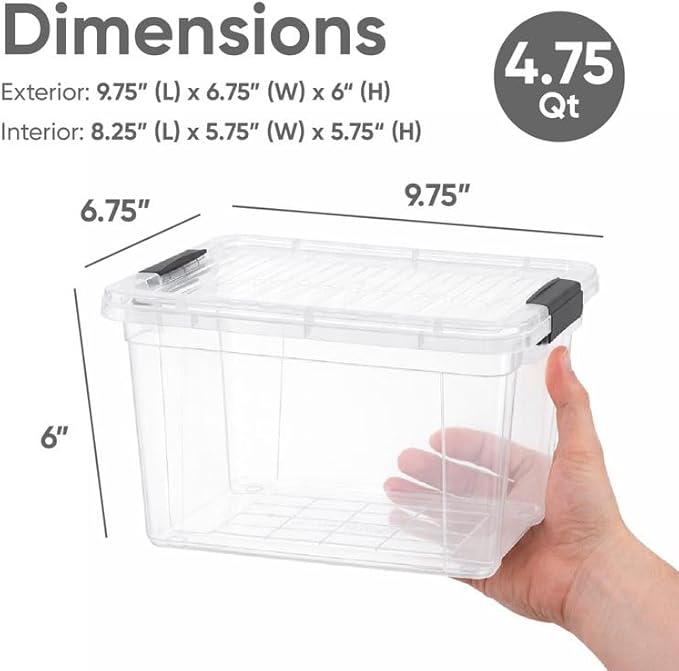Superio Small Storage Bins with Lids- 6 Pack, 4.75 Qt Clear Boxes for Organizing, Stackable Plastic Containers- BPA Free, Non-Toxic, Odor Free, Organizer for Home, Office, Dorm