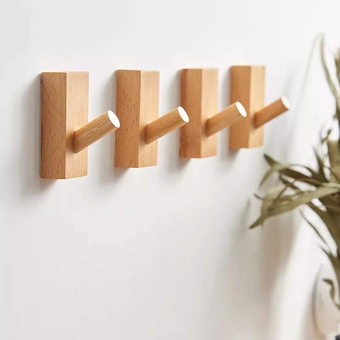 HomeDo 8Pack Adhesive Wall Hooks Hat Rack, Wooden Coat Hooks Wall Mounted, Decorative Hooks Single Organizer Hat Hanger Towel Rack, Heavy Duty Hooks (Rectangle-Beech,8P)