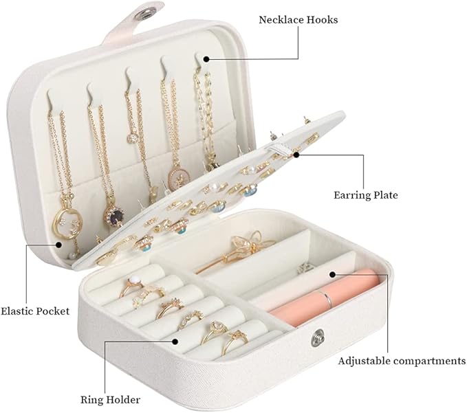 Travel Jewelry Box, Small Jewelry Organizer Boxes for Women Girls, 2 Layer Travel Jewlery Case, PU Leather Mini Portable Jewerly Storage Display Holder for Earrings, Ring, Necklaces, Bracelets - White