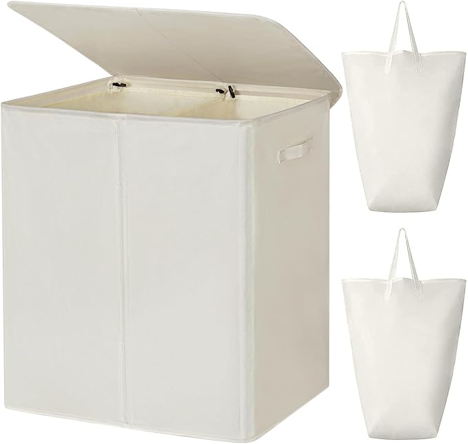 WOWLIVE 180L Double Laundry Hamper with Lid and Removable Laundry Bags, Large Dirty Clothes Hamper 2 section Collapsible Laundry Basket Dorm Room Storage for Bedroom, Bathroom, College,Beige