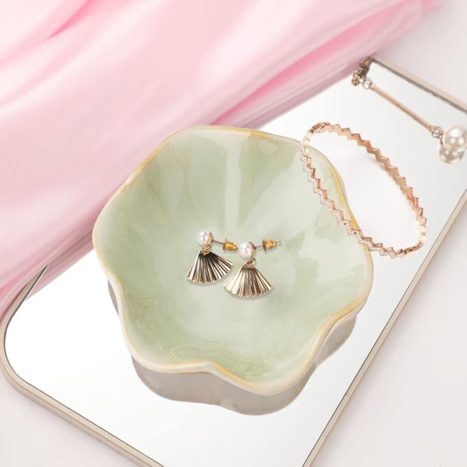 Ceramic jewelry dish,leaf tray key tray,small ring dish holder Plate trinket catchall nightstand decor for entryway table room Green