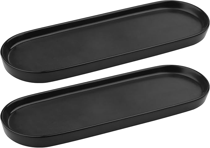 VanEnjoy Set of 2 Black Vanity Tray for Bathroom Counter, Long Narrow Tray Ceramic Tray for Kitchen Counter for Soap Bottles