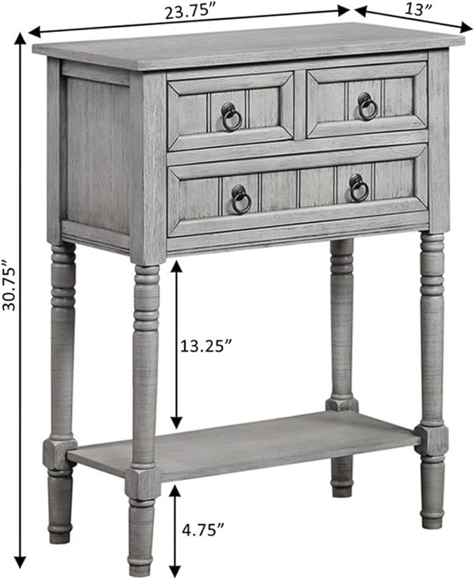 Convenience Concepts Kendra Entryway Hall Table 23.75" - 3 Storage Drawers, Traditional Console with Shelf for Decor, Office & Hallway Organizer, No Tools Assembly, Solid Wood, Wirebrush Light Gray