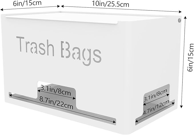 Large Trash Bag Holder Dispenser, Metal Garbage Bag Dispenser Roll Holder, Kitchen Trash Storage Organizer for Under Sink, Wall Mounted or Countertop, White