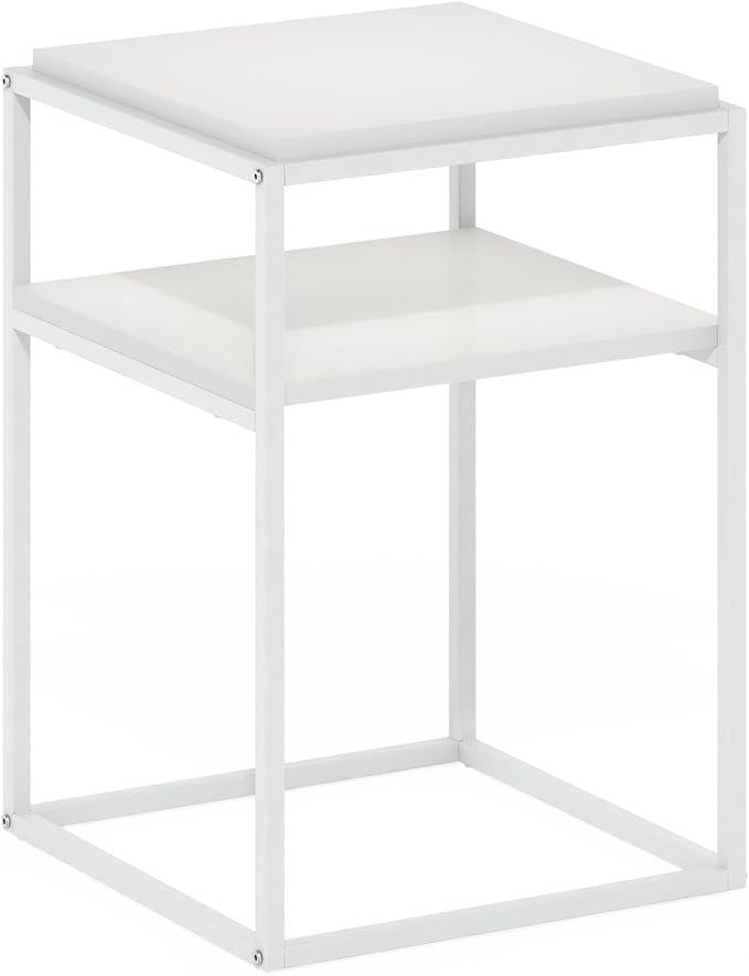 Furinno Moretti Side Table, 2-Tier Stackable Metal Frame End Table with Open Shelf, Night Stand, Bedside Table, Toolless Assembly, for Living Room, Bedroom, Solid White