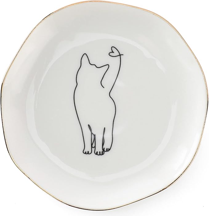 HOME SMILE Long Tail Cat Ring Dish Jewelry Tray for Women,Chritsmas Valentine's Gifts for Cat Lovers,Ceramic White,4"
