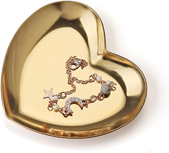 Stainless Steel Jewelry Tray, Heart Shaped Trinket Dish for Rings Earrings Necklaces Bracelet Watch Keys, Plate Tea Tray Fruit Tray Cosmetics Jewelry Organizer Box(Gold)
