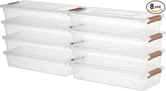novelinks Clear Stackable Storage Bins with lid Storage Boxes Durable Plastic Organizer Containers for Home Office, Kitchen, Craft Supplies (4 Quart 8 Pack Brown)