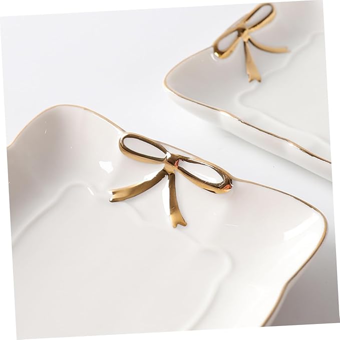 Ceramic Jewelry Tray with Bow Accent 7.87X4.72 Inch Rectangular Jewelry Dish Organizer for Home Countertop Storage and Cosmetics Accessories