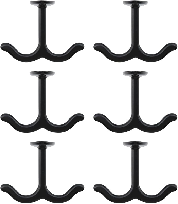 HEVSTIL 6Pcs Zinc Alloy Ceiling Double Hook Cabinet Under The Table Coat Hook Wardrobe Coat Towel Hat Hook Under Cabinet Shelf for Closet Top Bathroom Kitchen Cabinet Garage, Black