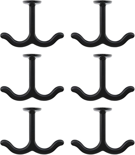 HEVSTIL 6Pcs Zinc Alloy Ceiling Double Hook Cabinet Under The Table Coat Hook Wardrobe Coat Towel Hat Hook Under Cabinet Shelf for Closet Top Bathroom Kitchen Cabinet Garage, Black