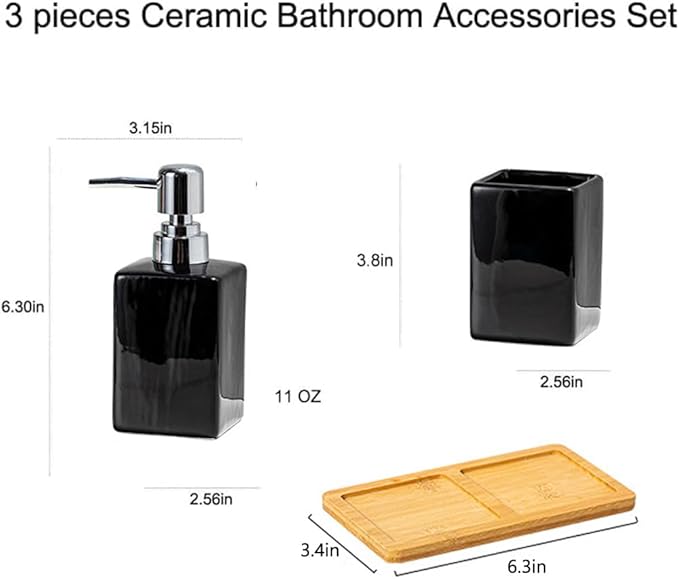 Black Ceramic Soap Dispenser and Toothbrush Holder,3-Piece Bathroom Accessories Set Modern Square Countertop Bath Set,Liquid Soap Dispenser,Tumbler Cup,Wooden Vanity Tray