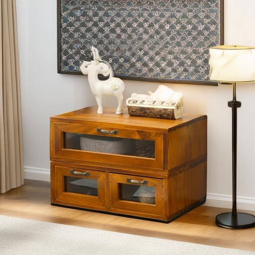 2-pc Stackable Storage Drawers - See-Through Wooden Storage Cabinets - 2-Level Desktop Organizing Cabinet with 3 Drawers - Solid Wood Storage Box with Display & Metal Handles…