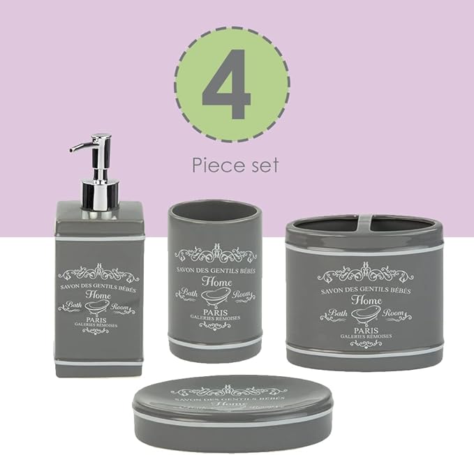 Paris Design 4-Piece Ceramic Bathroom Set, By Home Basics (Grey) | Chic Design Bathroom Accessory Sets | Accessories For Bathroom | Includes Soap Dish, Tumbler, Toothbrush Holder, and Lotion Dispenser