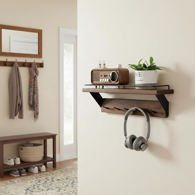 Coat Rack Wall Mount with Shelf - Natural Walnut Wall Shelf with Hooks, Entryway Floating Shelves with 5 Hooks and Metal Frame for Bags, Hats, Kitchen, Living Room, Bedroom