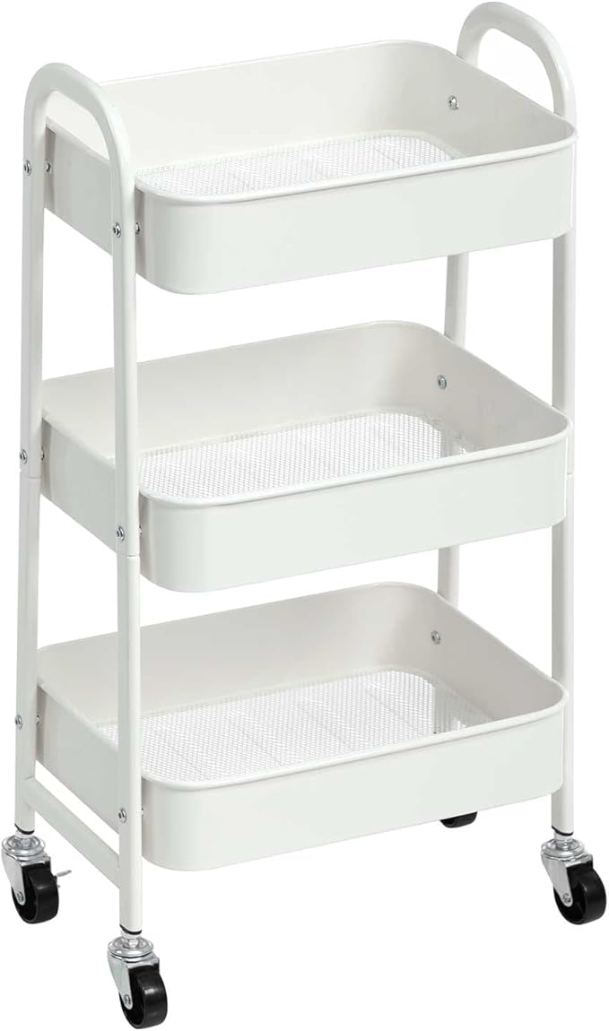 AGTEK 3 Tier Utility Rolling Cart with Lockable Wheels, Metal Multifunctional Storage, Organizer Cart for Kitchen, Office, Living Room, Makeup, Craft, Art Studio, White