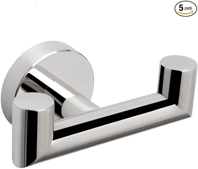NearMoon Bathroom Double Towel Hook- SUS304 Stainless Steel Robe Towel Holder, Heavy Duty Double Coat Hook for Bathroom Livingroom Kitchen Wall Mounted (Chrome Finish-U, 5 Pack)