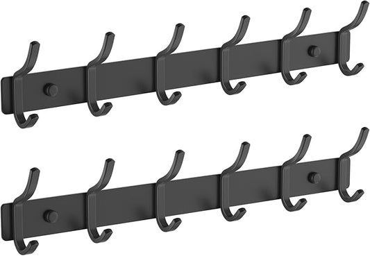 Black Coat Rack Wall Mount - 15 Inch Arc Shaped Design with 6 Hooks for Hanging Coats, Bags, and Towels in Entryway, Livingroom, Bedroom, Bathroom, and Kitchen, 2 Pack