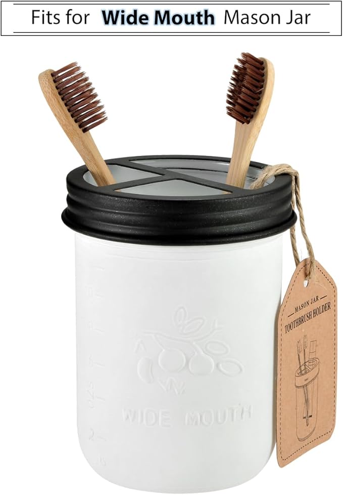 Mason Jar Bathroom Accessories Lids Set(4pcs) - Jars Not Included - Soap Dispenser, Apothecary Jars Lids for Regular Mouth Mason Jars, Wide Mouth Toothbrush Holder lid,-Stainless Steel,Black