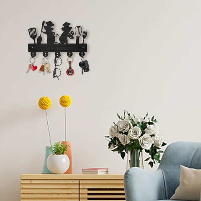 MAYJOYDIY Mouse Kitchenware Coat Rack Wall Mount 11.8×7.2inch Wood Key Holder for Wall 2 Mice Spatula Spoon Fork Wall Key Hooks Hanger 5 Alloy Hooks Black Key Rack for Kitchen Home Art Decor Door Gift