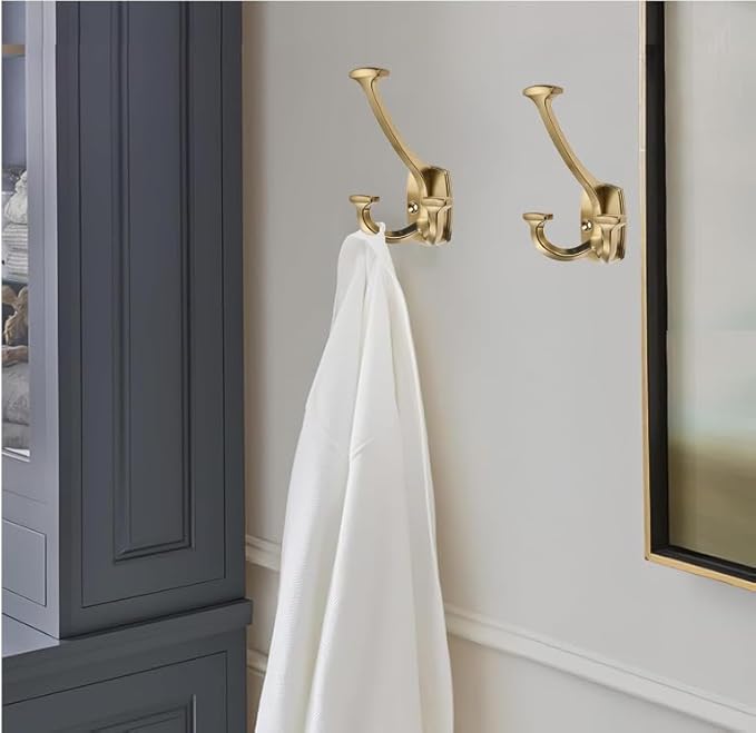 Brushed Brass Hooks Large Wall Mounted Decorative Solid Heavy-Duty Double-Sided Coat Hooks for Hanging Towels Coats Robes Towels Bag Bathroom Wall Hooks (5 Pack)