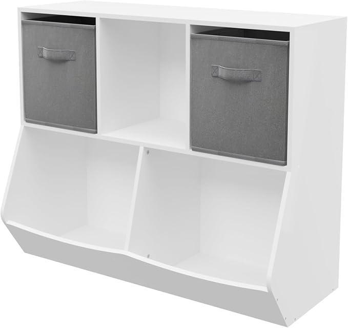 Kids Bookshelf, 5-Cubby Wood Toy Storage Cabinet with Two Drawers, Toy Storage Cubby, Toy Storage Organizer for Children's Room, Playroom, Hallway, Kindergarten, School, Grey