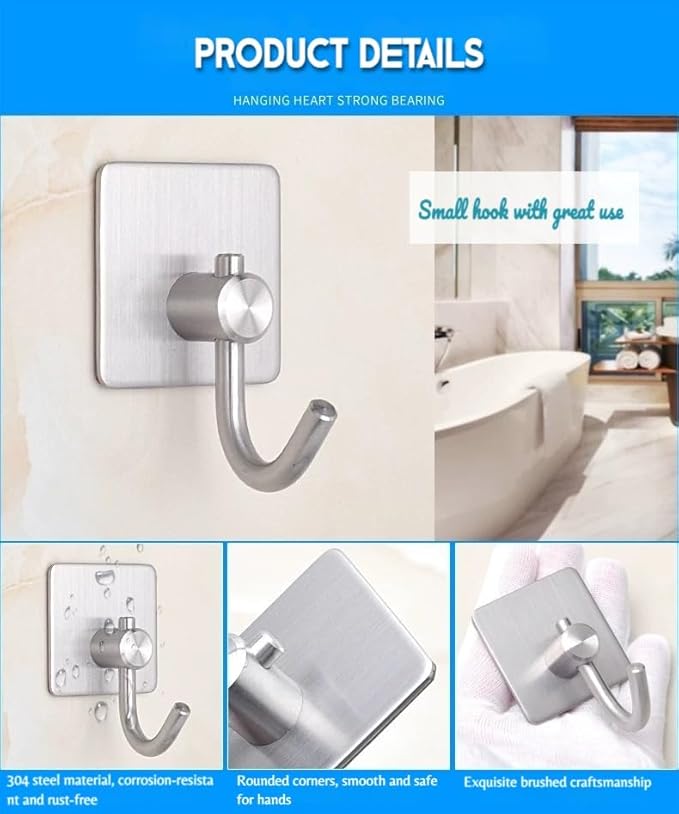 Adhesive Towel Hooks for Bathroom 4 Pack, Silver Self Adhesive Hand Towel Holder for Hanging Towels, Lightweight Clothing, Perfect for Bathroom, Closet, Cabinet, and Behind Doors