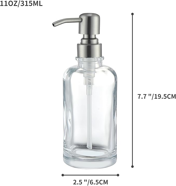 Bathroom Soap Dispenser Brushed Gold, 11 oz Glass Cylindrical Bottles with Stainless Steel Pump Liquid Hand Soap Dispenser Kitchen