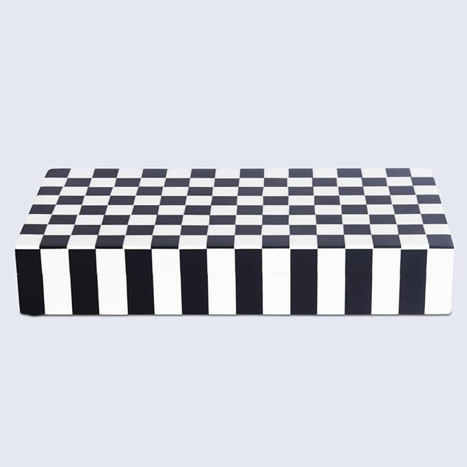 Handicrafts Home Large Decorative Storage Box with Lid – Black and White Coffee Table Storage Box, Remote Control Holder, Keepsake Storage Box for Living Room & Shelf Decor – Puzzle Check 12 x 6 x 2