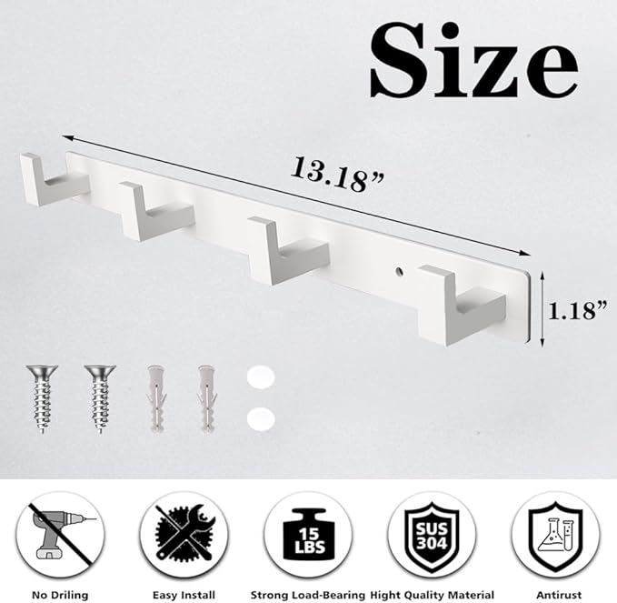 Coat Rack, Heavy Duty Stainless Steel 4 Tri Coat Hook Hanger, Wall Mounted Storage Wall Hooks, Rustic Clothes Hook/Key Hook Rail for Bathroom Kitchen Entryway(4 Hook White)