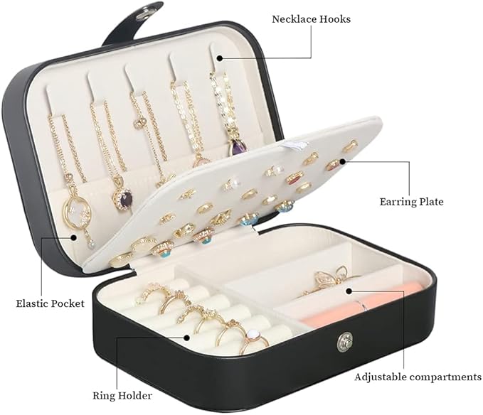 Travel Jewelry Box,Small Jewelry Organizer Boxes for Women Girls, 2 Layer Travel Jewlery Case,PU Leather Mini Portable Jewerly Storage Display Holder for Earrings,Ring,Necklaces,Bracelets -Black