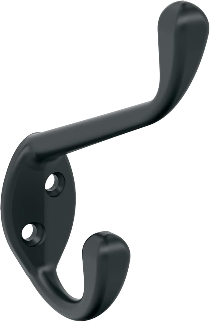 Amerock H55451MB | Noble Double Prong Decorative Wall Hook | Matte Black Hook for Coats, Hats, Backpacks, Bags | Hooks for Bathroom, Bedroom, Closet, Entryway, Laundry Room, Office