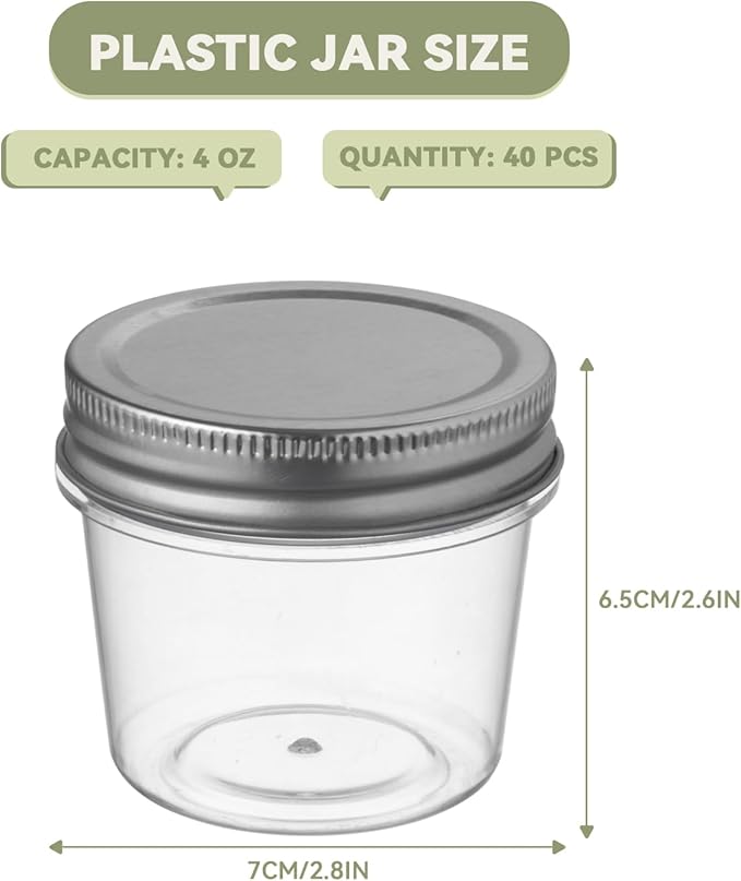 novelinks 4 oz Small Plastic Jars with Lids, 40 Pack Mini Plastic Mason Jars with Lids 4oz, Craft Storage Containers & Canning Jars & Small Spice Jars for Kitchen Organization (40 Pack,Silver)