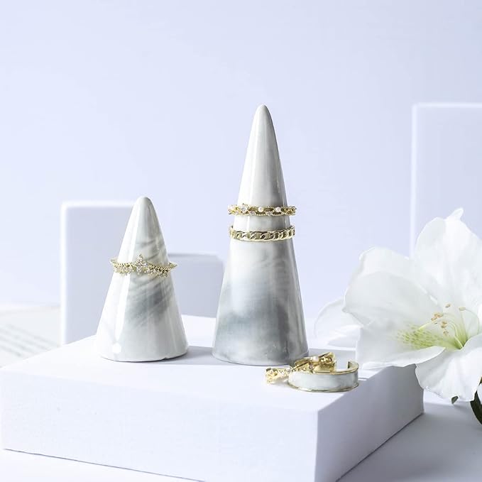 oskas Marble Ring Holder Tower Ceramic Cone Shape Modern Decorative Display Stand for Jewelry Ring/Wedding Ring 2PCS SET Grey
