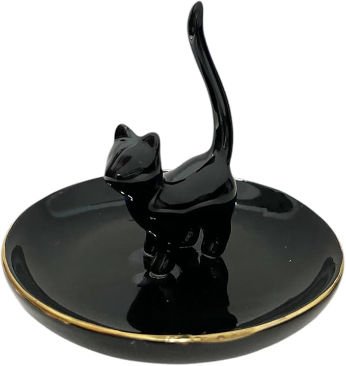 ROSA&ROSE Cat Ring Holder Trinket Tray Ceramic Jewelry Dish Porcelain Ring OrganizerâGift for Women,Girlfriend,Wife,Birthday or Anniversary (Black)