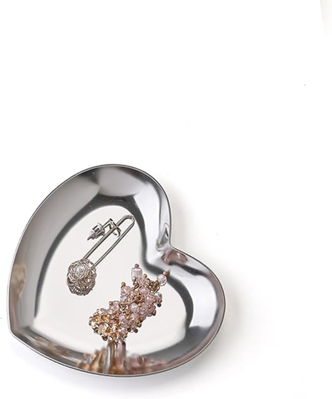Tyenaza Heart Shaped Jewelry Box, Stainless Steel Heart Shaped Plate Tea Tray Fruit Tray Cosmetics Jewelry Organizer(Silver)