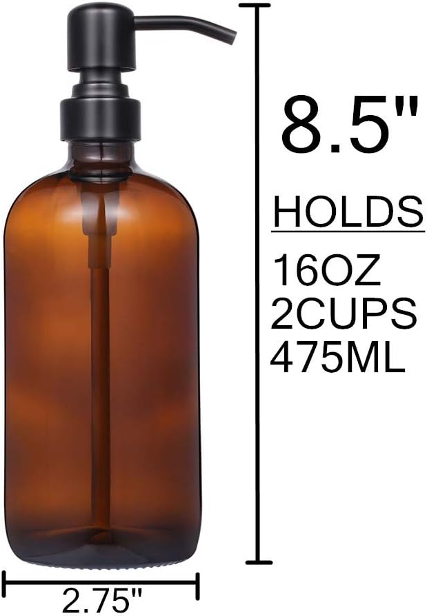 2 Pack Thick Amber Glass Pint Jar Soap Dispenser with Matte Black Stainless Steel Pump, 16ounce Boston Round Bottles Dispenser with Rustproof Pump for Essential Oil, Lotion Soap
