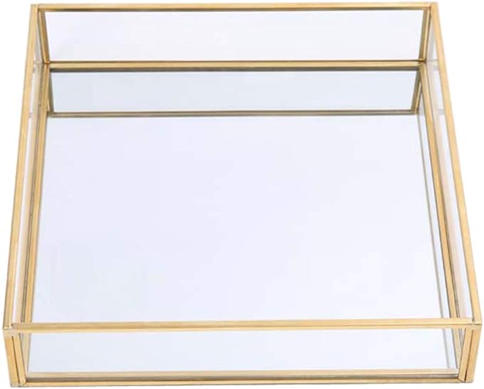 Sooyee Gold Tray Mirror,Square Mirror Tray can Hold Jewelry,Perfume,Makeup,Breakfast,Tea,Food,Magazine and More, Decorative Tray for Vanity,Dresser,Bathroom,Bedroom,Office,Garden,Coffee Table (8âx8â)