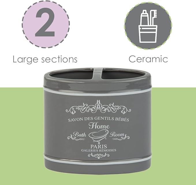 Paris Design 4-Piece Ceramic Bathroom Set, By Home Basics (Grey) | Chic Design Bathroom Accessory Sets | Accessories For Bathroom | Includes Soap Dish, Tumbler, Toothbrush Holder, and Lotion Dispenser