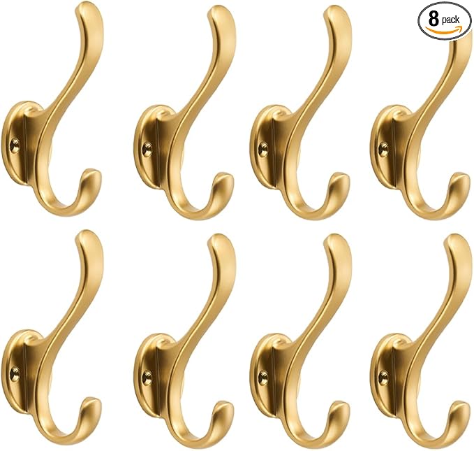 khtumeware 8 Pack Brushed Gold Coat Hooks Wall Mount Heavy Duty Utility Retro Double Hooks for Hanging Coats,Hat, Towel, Key, Robe, Scarf, Bag, Cap (Brushed Gold)