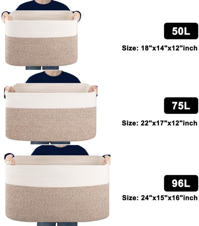Extra Large Blanket Basket, Toy Basket Bin for Kids, Cotton Rope Woven Storage Basket for Living Room, Nursery, Baby Room Decorative Organizer, 24''×16''×15'', Brown & White