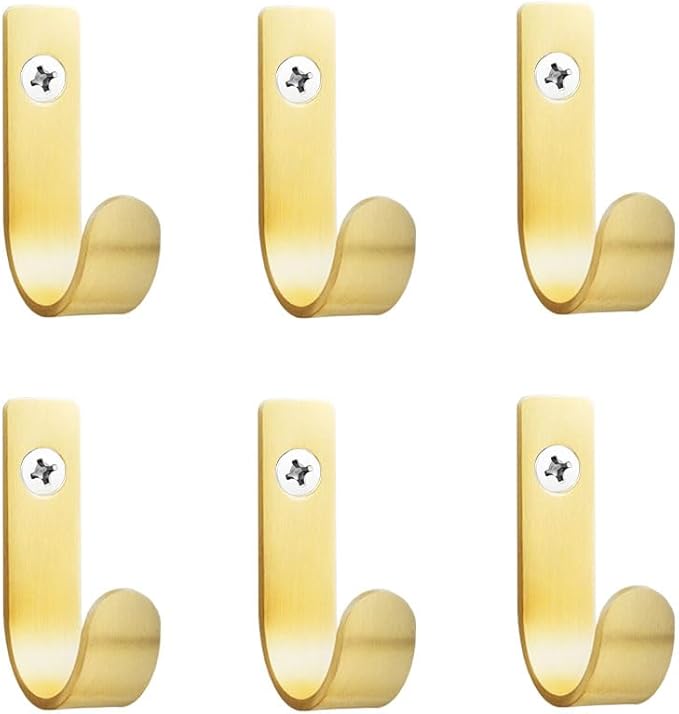 Brushed Brass Metal Hooks Sturdy Decorative Wall Mounted Heavy Duty Coat Hooks for Hanging Hats Bags Purses Towels Kitchenware Suitable for Bedroom Bathroom and Kitchen (6, 1-1/2 inch)