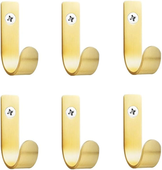 Brushed Brass Metal Hooks Sturdy Decorative Wall Mounted Heavy Duty Coat Hooks for Hanging Hats Bags Purses Towels Kitchenware Suitable for Bedroom Bathroom and Kitchen (6, 1-1/2 inch)