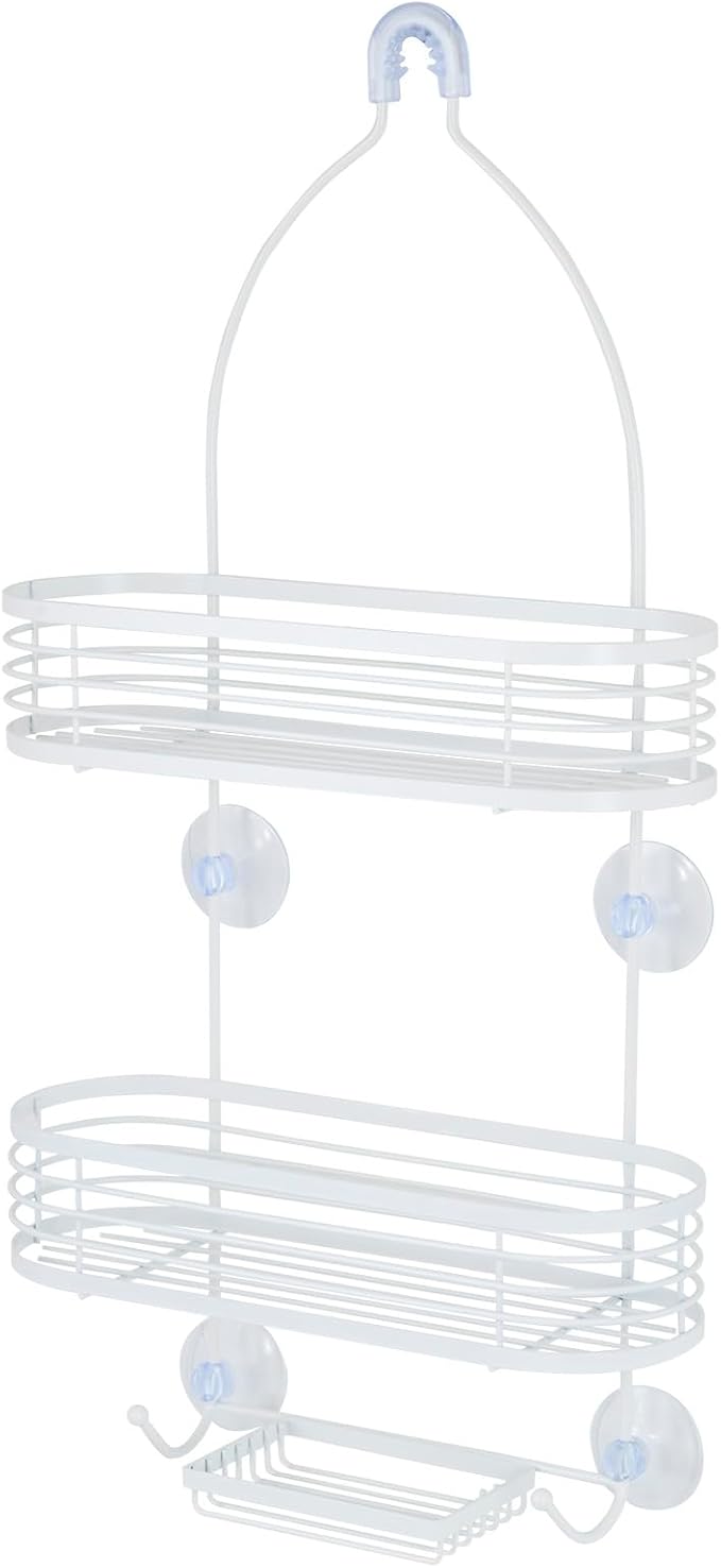 ACENTO Hanging Shower Caddy 3-Tier in Matte White, Bathroom Shower Organizer with Hooks & Suction Cups, and Soap Basket